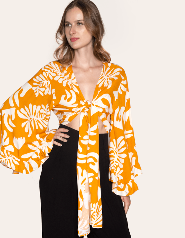 Blusa manga sino babado Algas mostarda