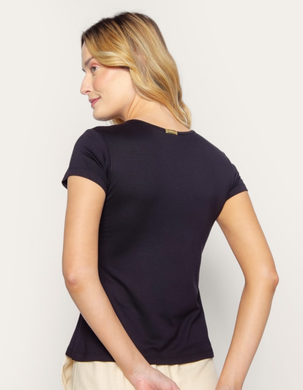 Blusa mnaga curta pala em v renda Preto
