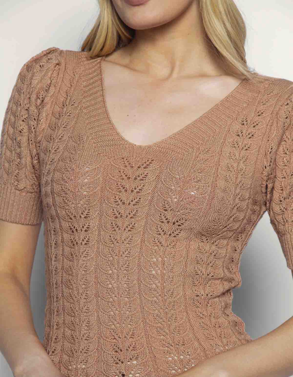 Blusa tricot rendado decote v Bege medio