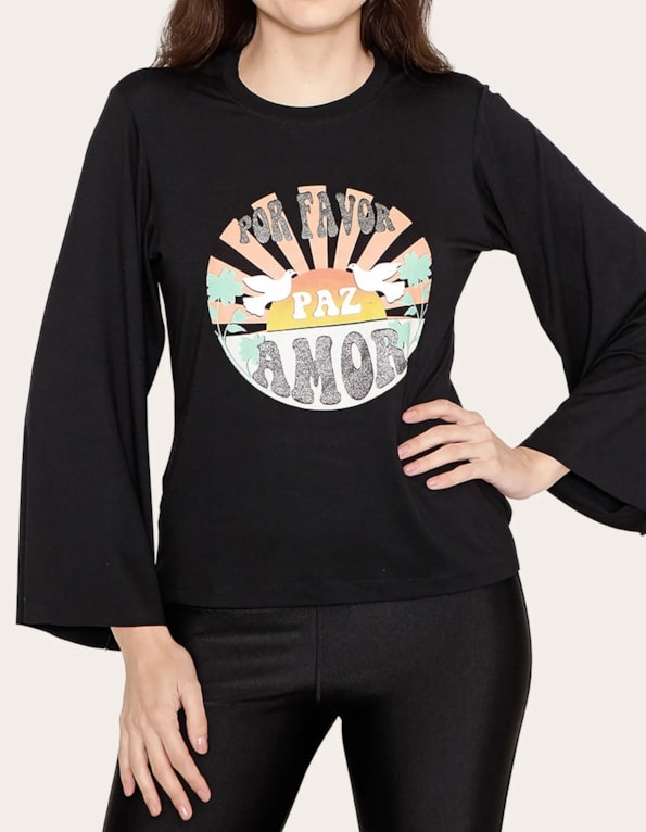 Blusa por favor paz e amor Preto