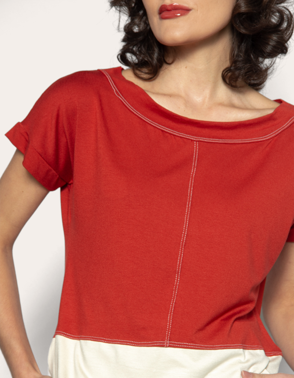 Blusa recorte pesponto barra bicolor Terracota/areia