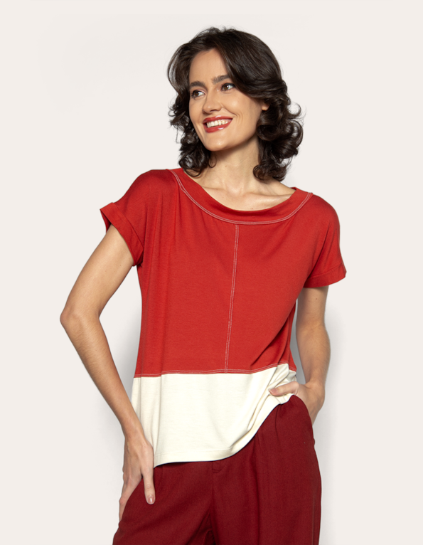Blusa recorte pesponto barra bicolor Terracota/areia