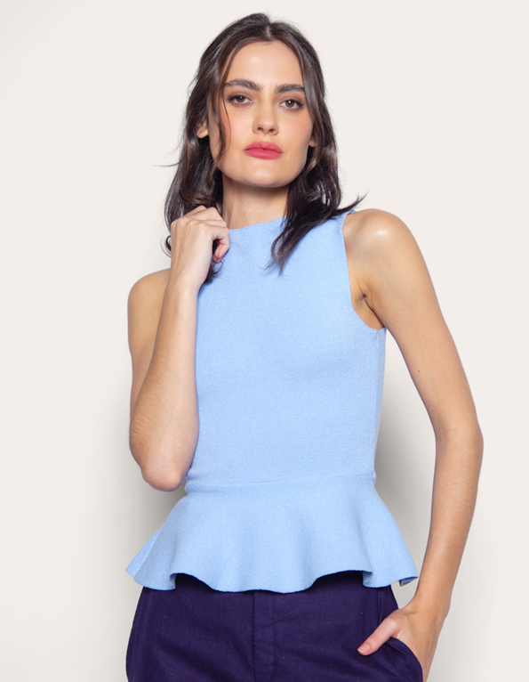 Blusa tricot cavado peplum Azul claro