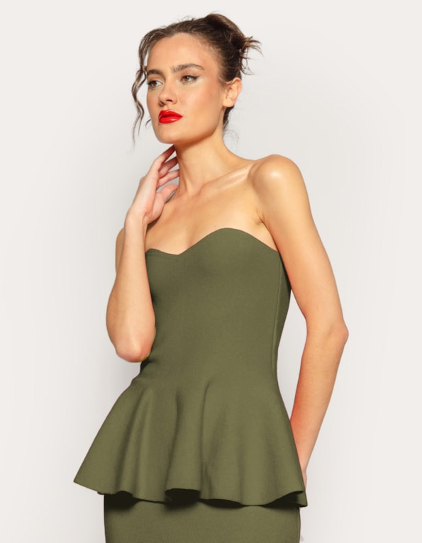 Blusa tomara que caia peplum tricot Oliva