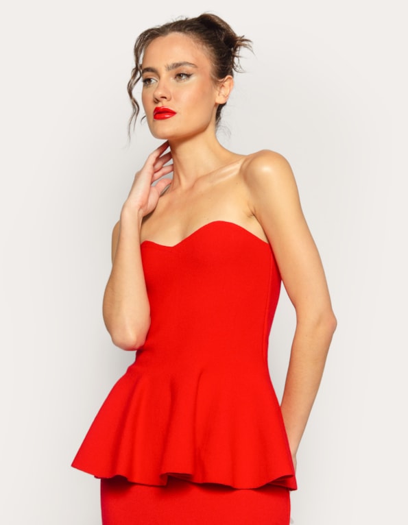 Blusa tomara que caia peplum tricot Vermelho