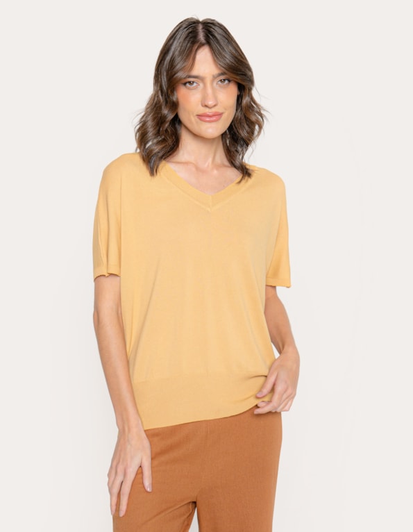 Blusa tricot ampla decote v Bege medio