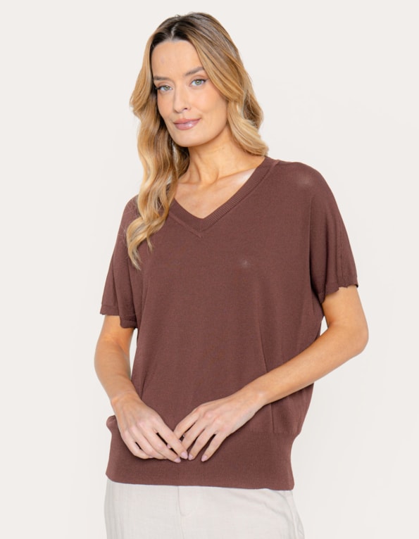 Blusa tricot ampla decote v Marrom