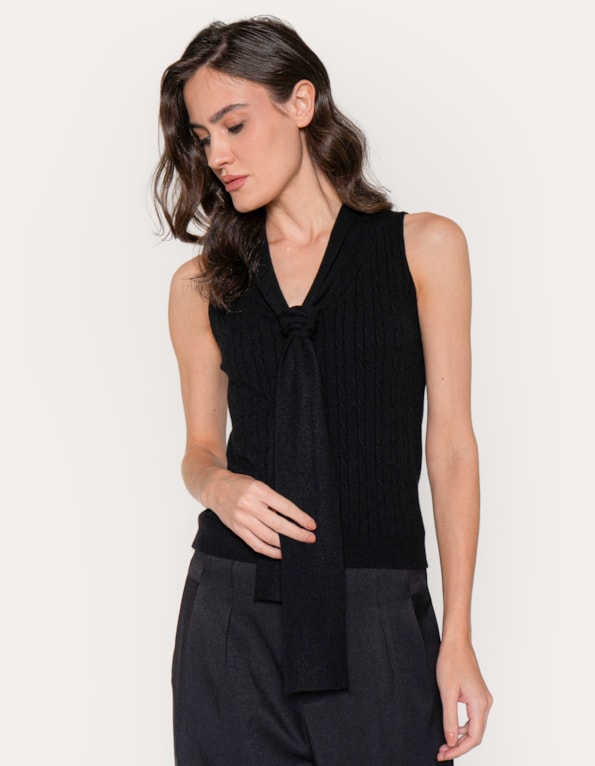 Blusa tricot cavada laço Preto