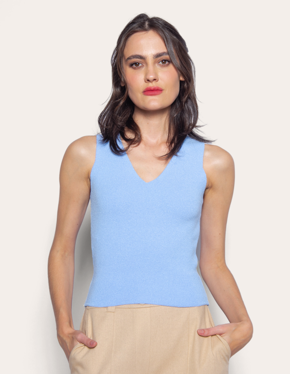 Blusa tricot cavado gola v Azul claro