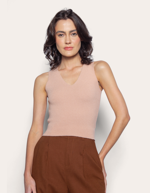 Blusa tricot cavado gola v Bege medio