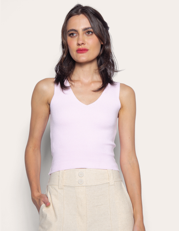 Blusa tricot cavado gola v Rosa claro