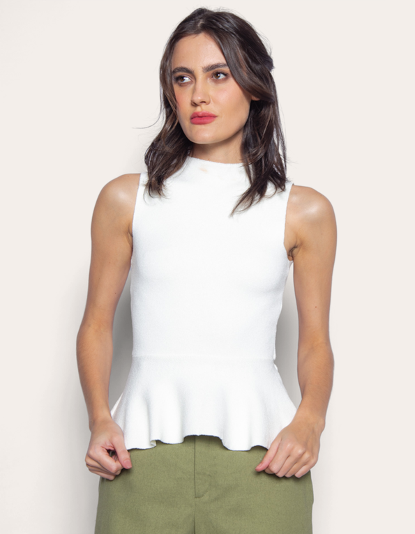 Blusa tricot cavado peplum Off white