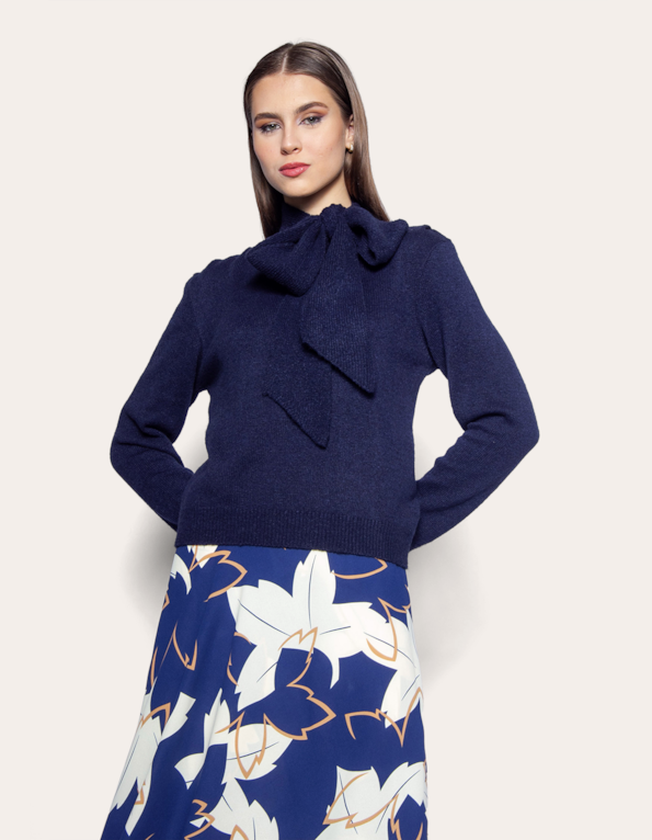 Blusa tricot felpudo gola cachecol Azul escuro