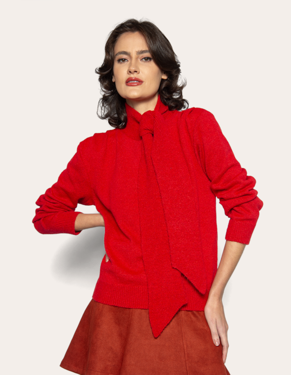 Blusa tricot felpudo gola cachecol Vermelho