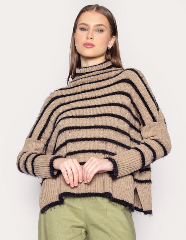 Blusa tricot felpudo listrada Bege/preto