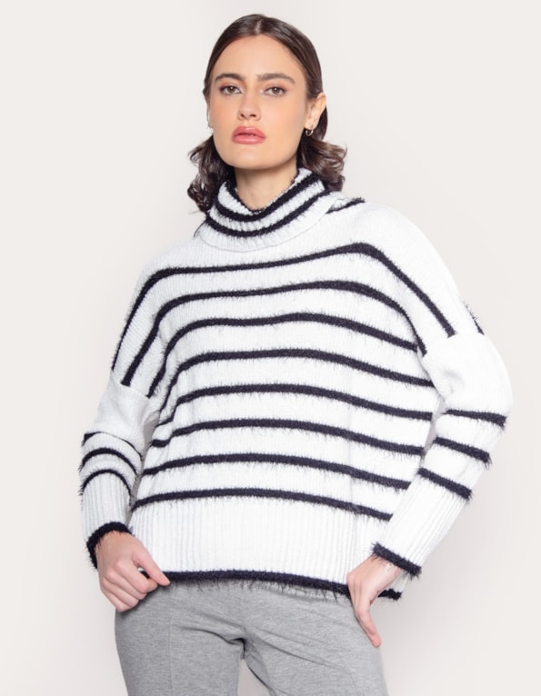 Blusa tricot felpudo listrada Branco/preto