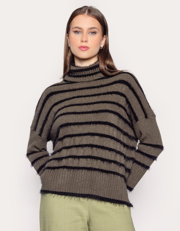 Blusa tricot felpudo listrada Oliva/preto