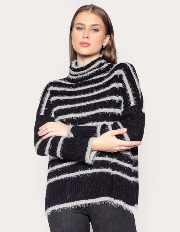Blusa tricot felpudo listrada Preto/cinza