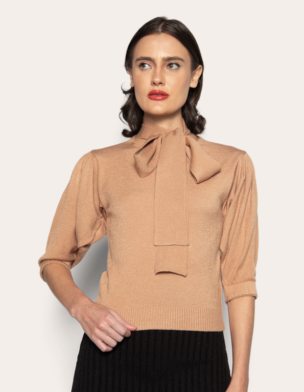 Blusa tricot gola laço Bege medio