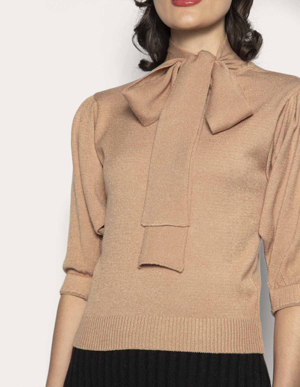 Blusa tricot gola laço Bege medio