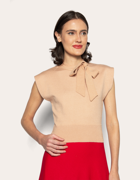 Blusa tricot gola laço  Bege medio