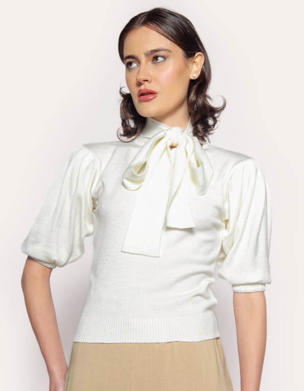 Blusa tricot gola laço Branco