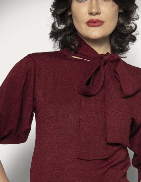 Blusa tricot gola laço Vermelho escuro