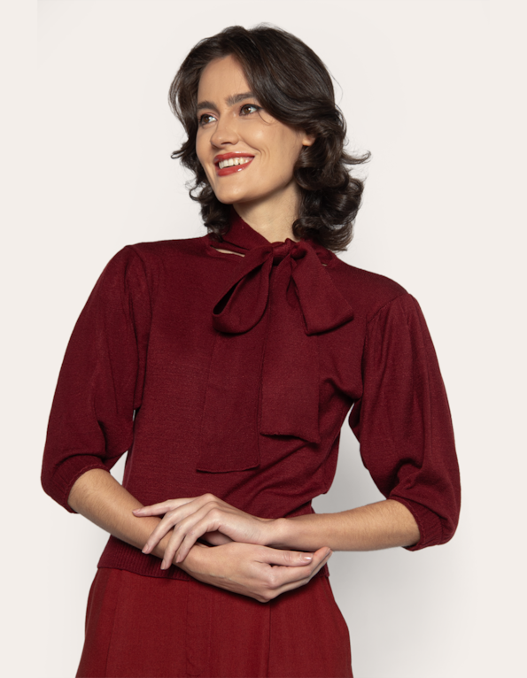 Blusa tricot gola laço Vermelho escuro