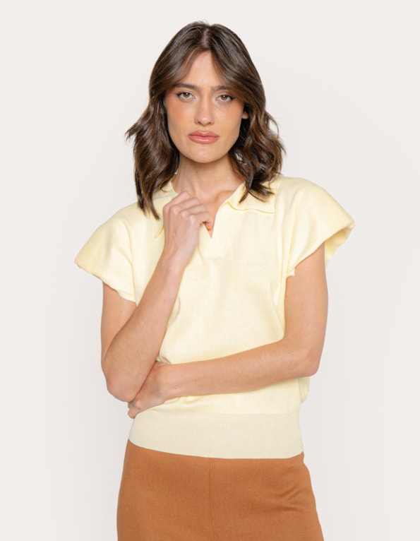 Blusa tricot gola polo Amarelo claro