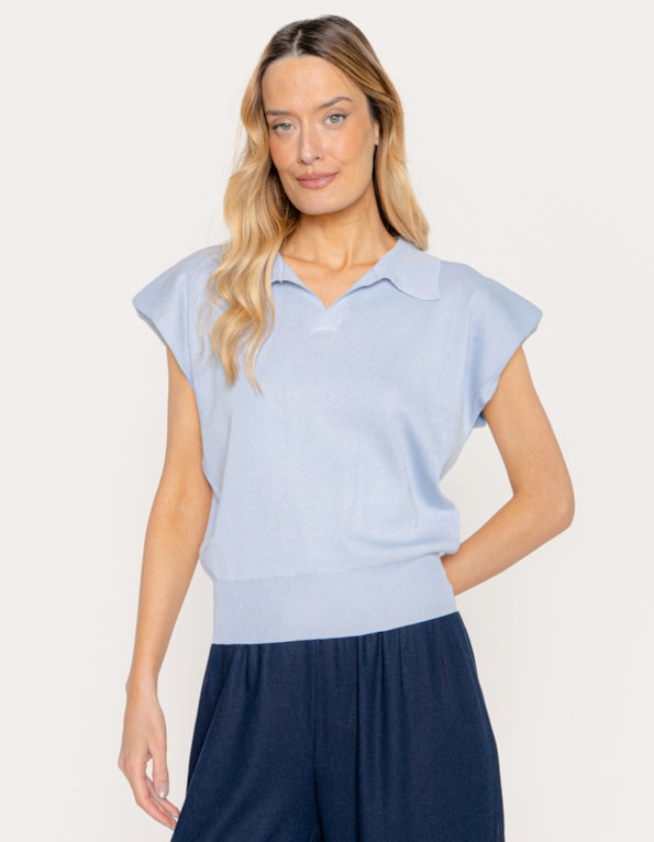 Blusa tricot gola polo Azul claro