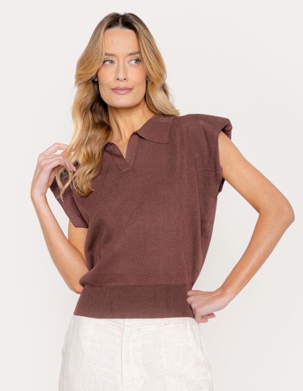 Blusa tricot gola polo Marrom