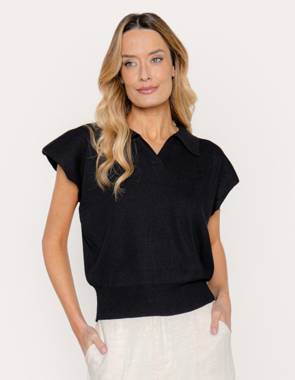 Blusa tricot gola polo Preto