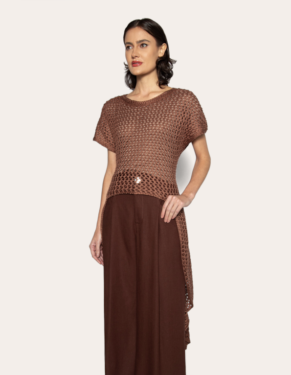 Blusa tricot hi-lo alongada Marrom