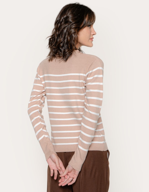 Blusa tricot listrada botões Bege claro/branco