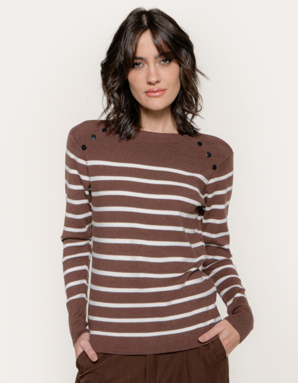 Blusa tricot listrada botões Marrom escuro/branco