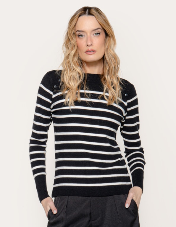 Blusa tricot listrada botões Preto/branco