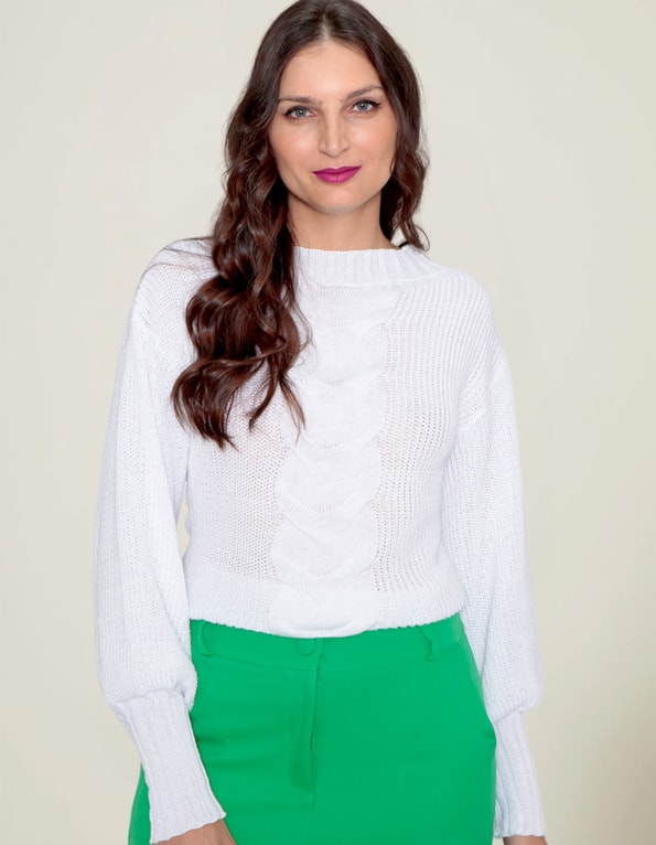 Blusa tricot manga longa detalhe frontal Branco