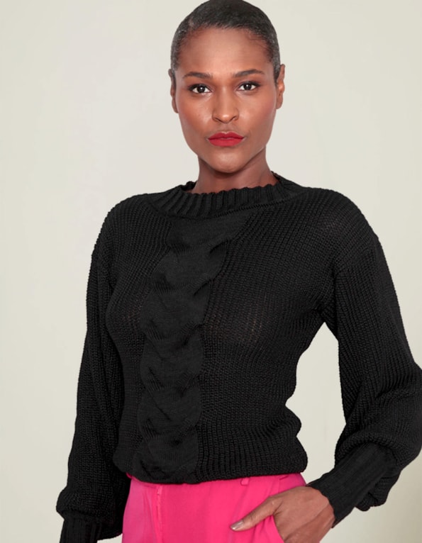 Blusa tricot manga longa detalhe frontal Preto