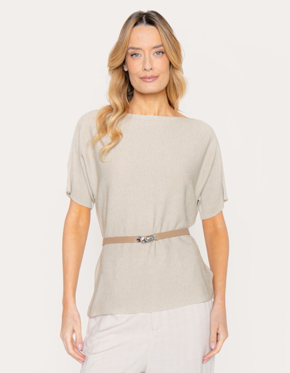 Blusa tricot manga morcego com cinto Bege