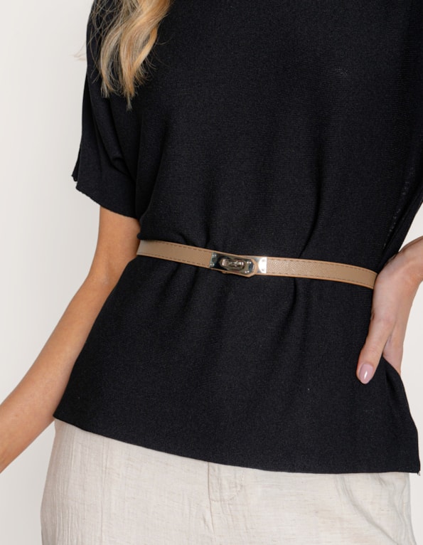 Blusa tricot manga morcego com cinto Preto