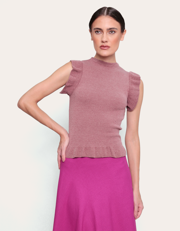 Blusa tricot manguinha babado Rosa medio