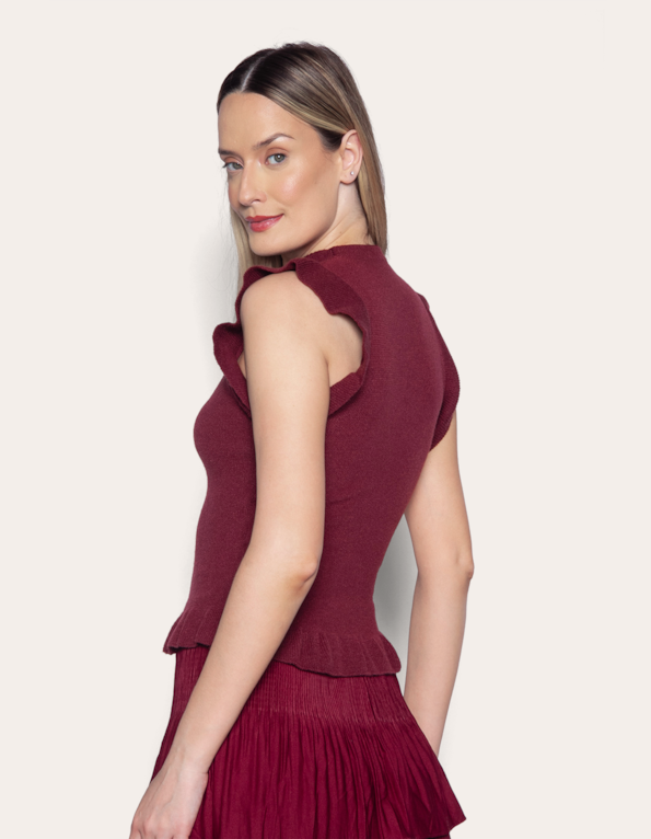 Blusa tricot manguinha babado Vermelho escuro