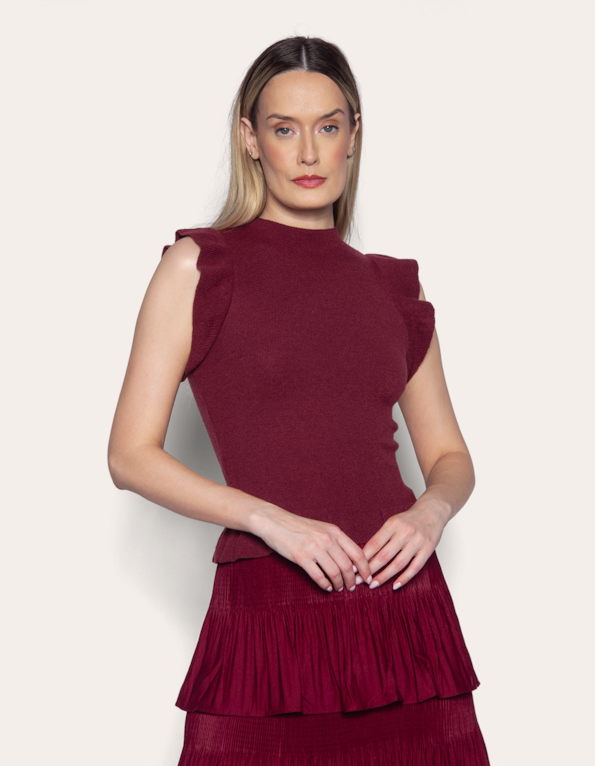 Blusa tricot manguinha babado Vermelho escuro
