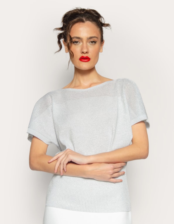 Blusa tricot pala furadinha lurex Cinza claro