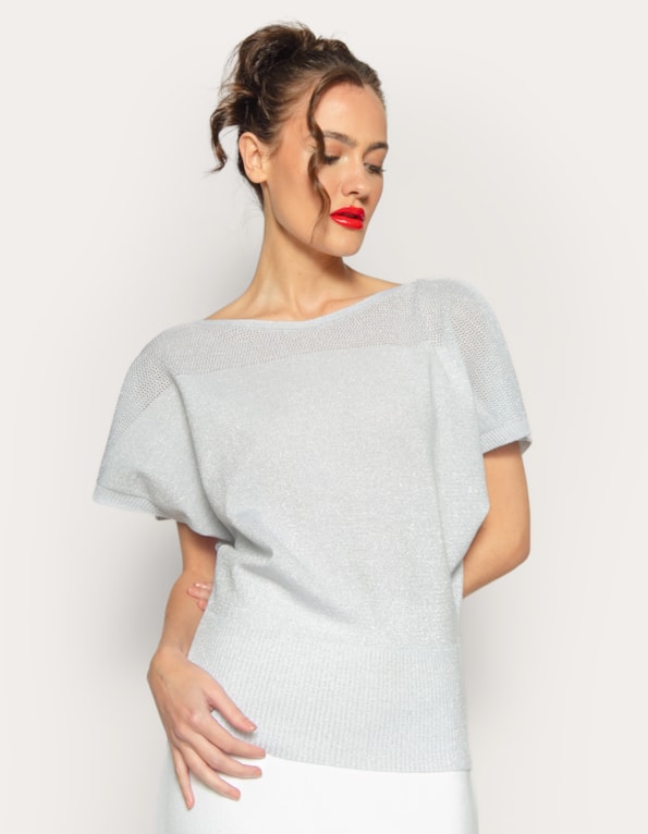 Blusa tricot pala furadinha lurex Cinza claro
