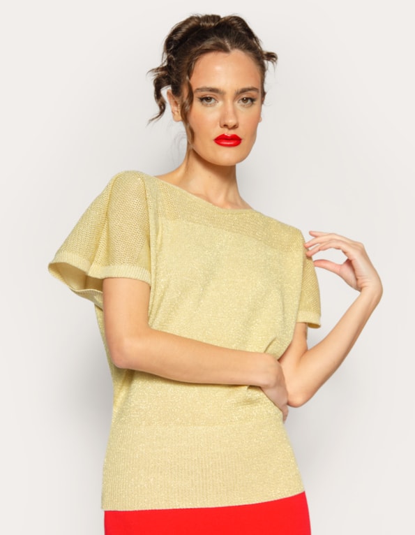 Blusa tricot pala furadinha lurex Dourado