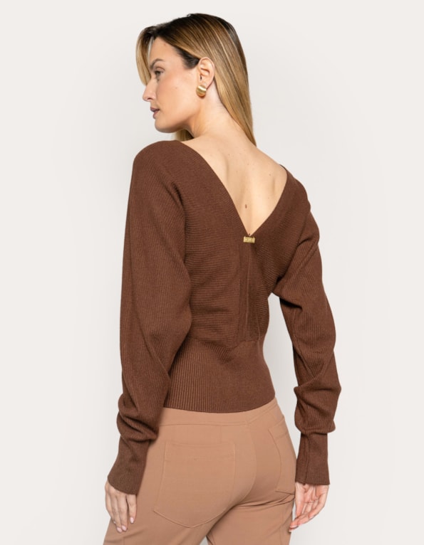 Blusa tricot premium decote v Marrom escuro