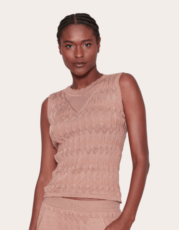 Blusa tricot renda cavada losango Bege novo