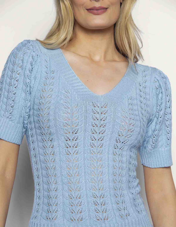 Blusa tricot rendado decote v Azul claro
