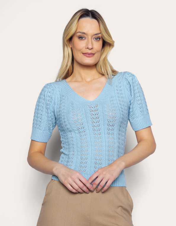 Blusa tricot rendado decote v Azul claro